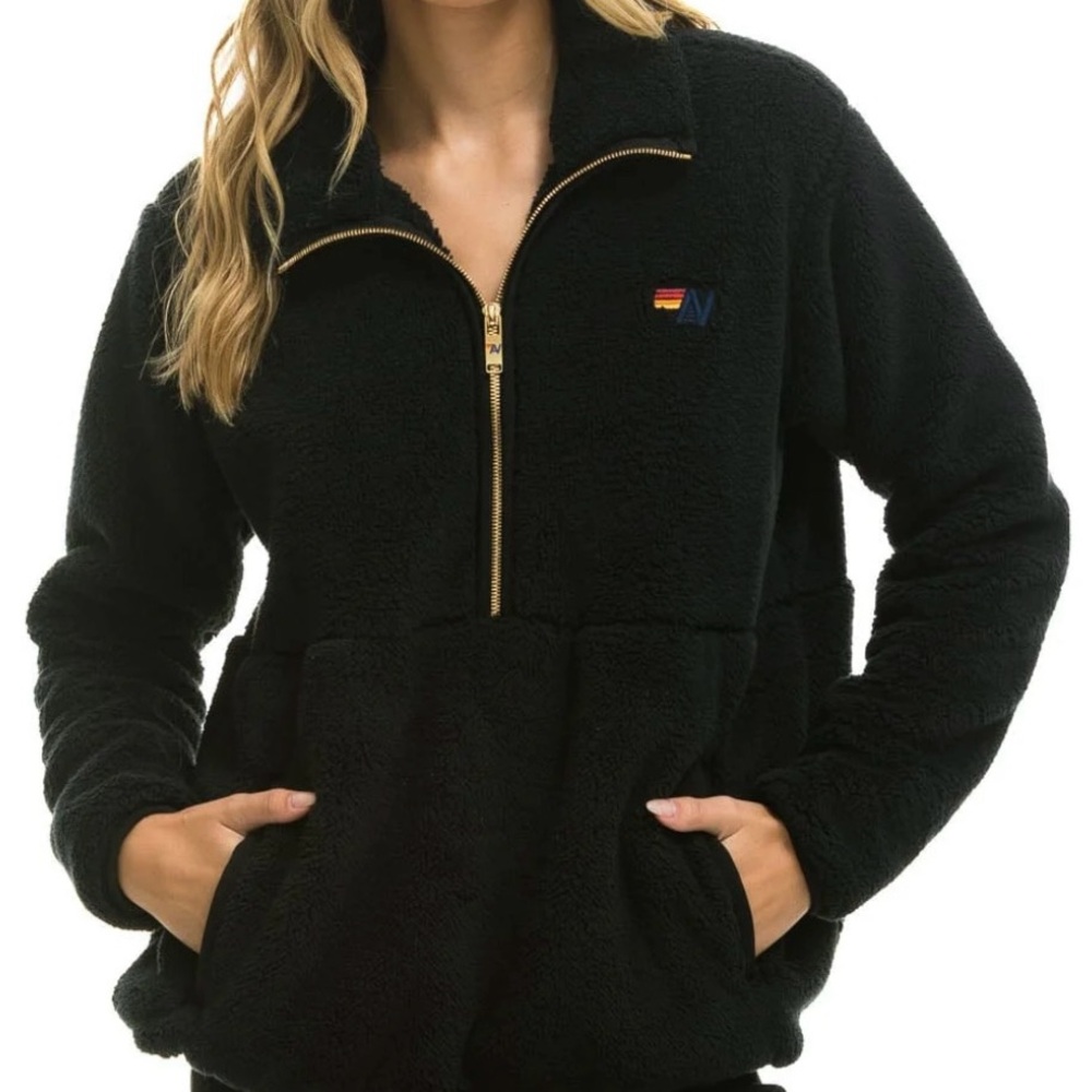 AVIATOR NATION- TEDDY UNISEX HALF ZIP JACKET - BLACK-S